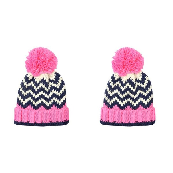 2PK Foote Street Chevron Beanie With Pom Pom For Kids S/M - Pink/Navy - 3Y-6Y
