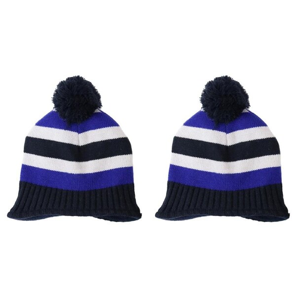 2PK Foote Street Unisex Multi Stripe Beanie w/ Pom Pom Kids S/M Blue 3Y-6Y
