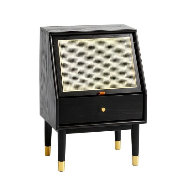 MIUZ Black Solid Oak Wood Bedside Table Side Storage End Table Shelf Nightstand w/ Drawer & Shelf