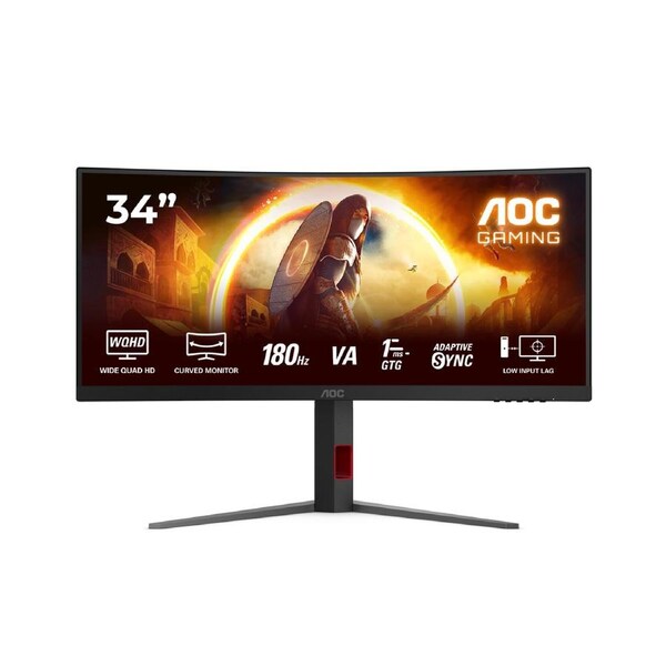 Aoc 34' Wqhd Va,1500R,180Hz,1Ms,Adaptive Sync,Hdr10,Shadown Control,Dark Boost,Flicker Free,Low Blue Mode,Gaming Mode