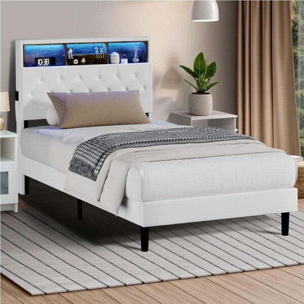 Oikiture Bed Frame King Single Size Platform Beds with LED Storage Bedhead Leather NOVI