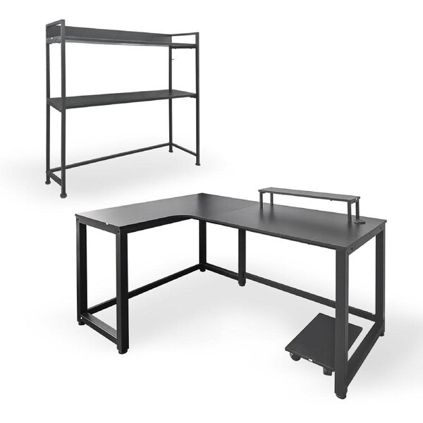 FORET L-Shaped Desk Expandable Bookshelf Set Black Walnut Storage Home Office