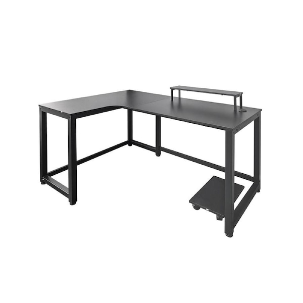 FORET 140cm L-Shaped Gaming Desk Black Carbon Fiber Top with Monitor PC Stand