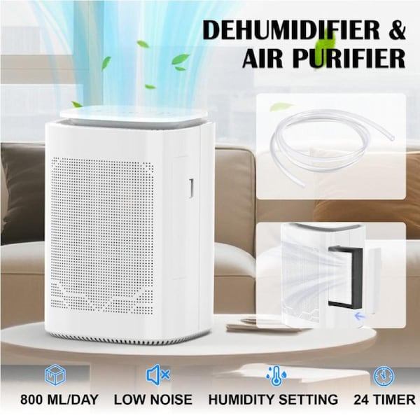 YOPOWER Air Dehumidifier with Air Purifier for Home,1600ML Water Tank, 2 in 1 Multi Function Dehumidifier & Purifier with Drainage Hose 24H Timer 2 Modes for Basement Wardrobe Bedroom