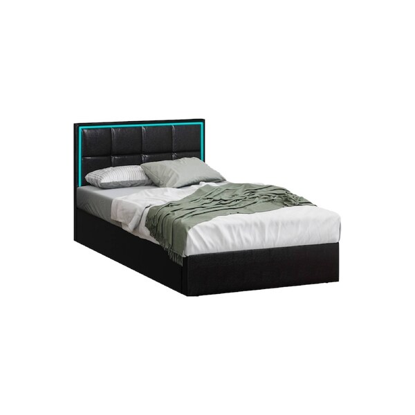 Oikiture Bed Frame King Single Size RGB LED Gas Lift Storage Base Leather