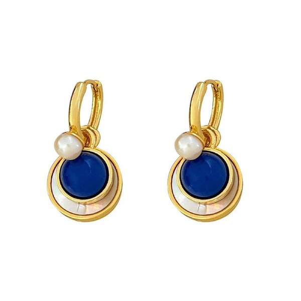 French Vintage Pearl Drop Earrings with Shell and Blue Stone Accent - Detachable Design