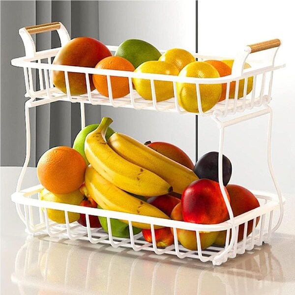 2 Tier Countertop Fruit Basket Metal Wire Storage Organizer White