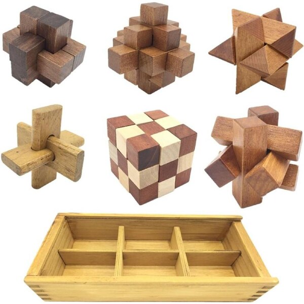 6-in-1 3D Wooden Brain Teaser Puzzle Kongming Lock with Box