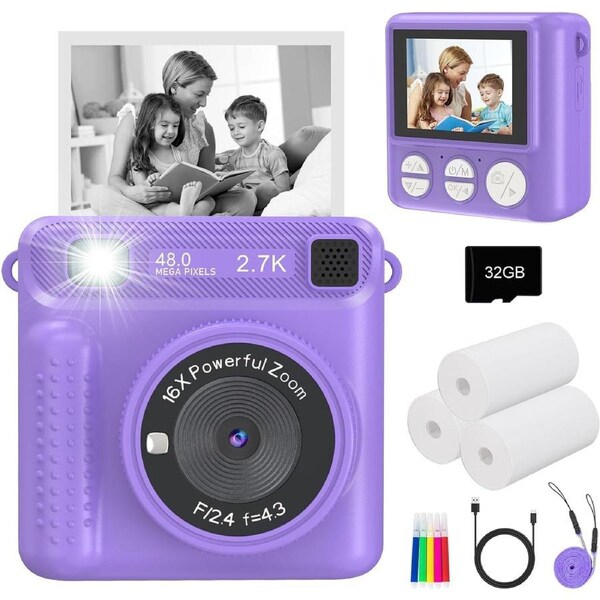 Kids Camera Instant Print 1080P Selfie for Boys & Girls Age 3-12 Purple