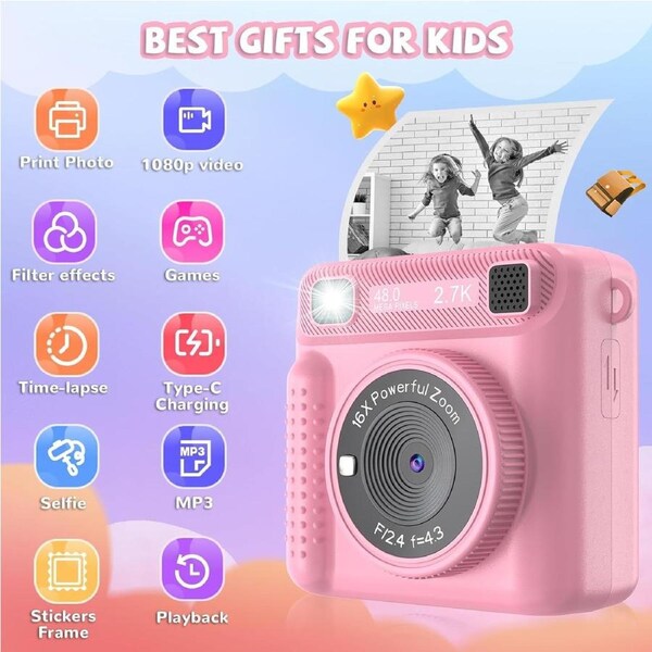 Kids Instant Print Camera 1080P Selfie for Boys & Girls Age 3-12 Pink