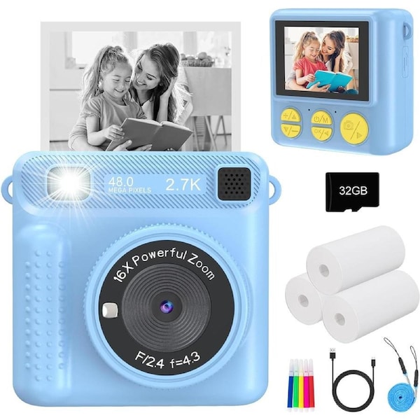 Kids Instant Print Camera 1080P Selfie Toy for Boys & Girls Age 3-12