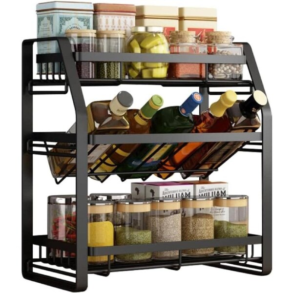 3-Tier Black Kitchen Spice Oil Rack Metal Organizer