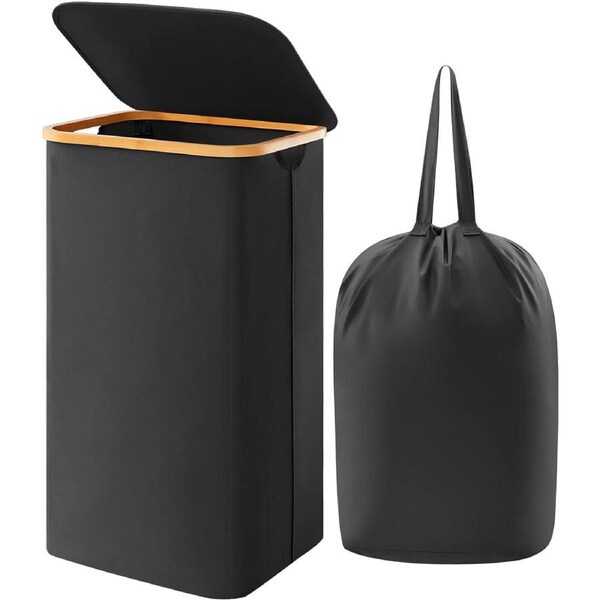100L Laundry Basket with Lid Bamboo Handles Foldable Black