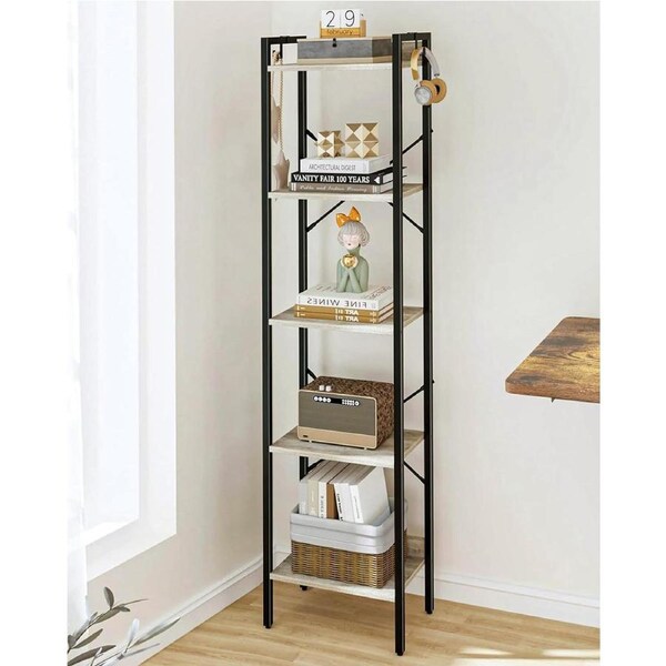 Industrial 5-Tier Bookshelf with 2 Hooks - Greige