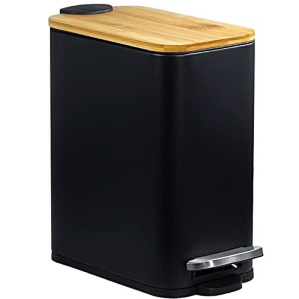 Small Trash Can with Bamboo Lid 5L Pedal Bin for Rooms