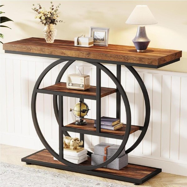 Rustic Brown 105cm 4-Tier Console Table with Storage Shelves