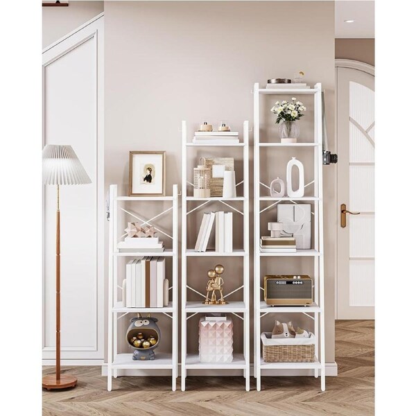 White 6-Tier Ladder Shelf Bookcase with Hooks for Home Office