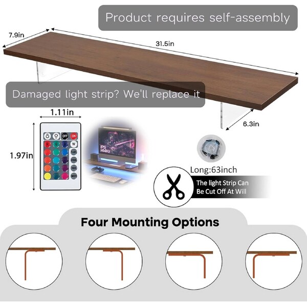 Wood Acrylic Monitor Stand Riser with LED Light for Desk