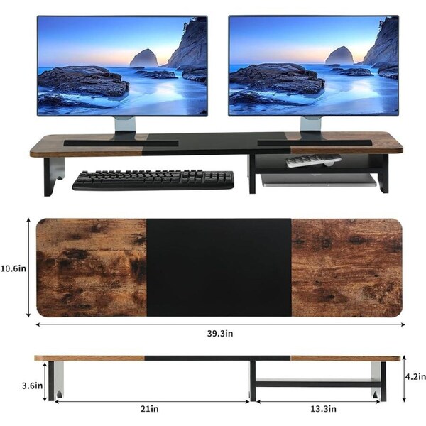 Wooden Dual Monitor Stand with Drawer for Desk 39"x10"x4"