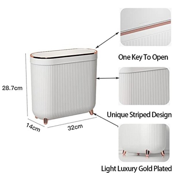 12L Slim Bathroom Trash Can with Lid - Narrow White Wastebasket