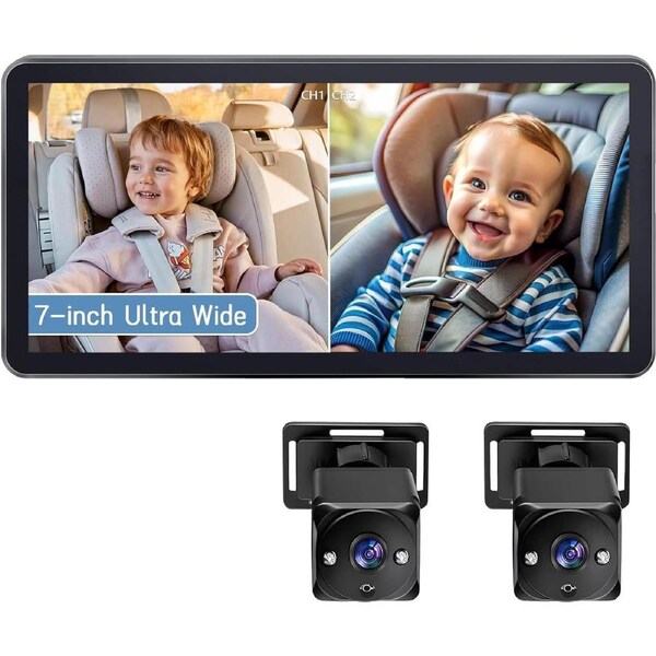 Baby Car Camera for 2 Kids: 7" Ultrawide Dual Rear Facing HD Display