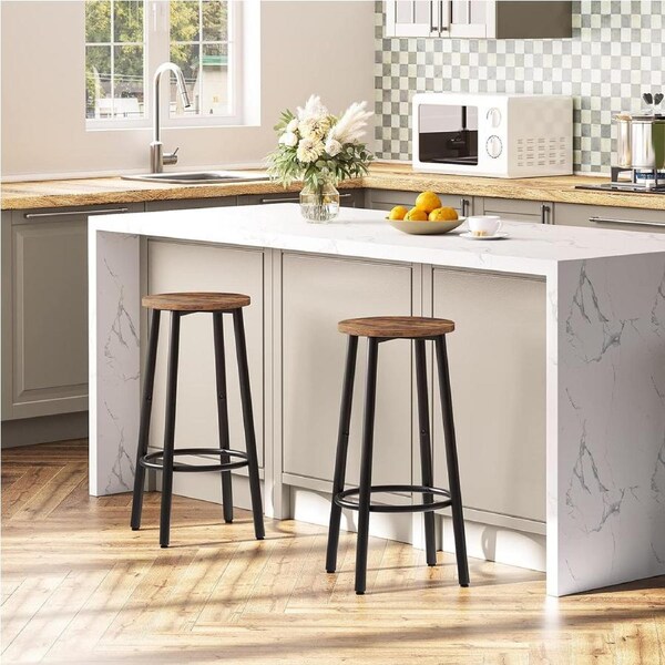 Set of 2 Bar Stools with Footrest in Rustic Brown - Easy Assembly