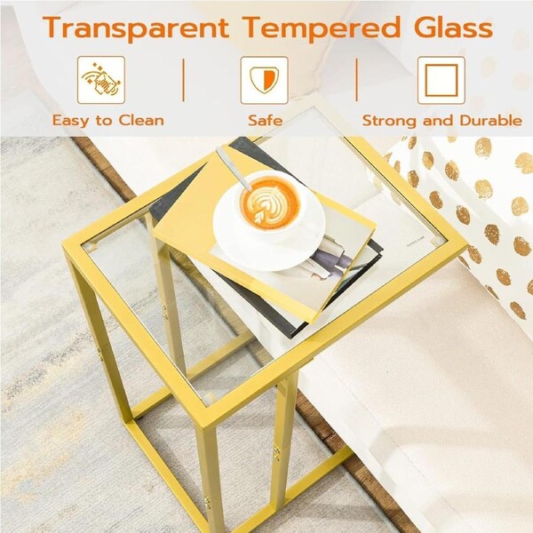 C Shaped End Table Set of 2 Tempered Glass Gold Metal Frame