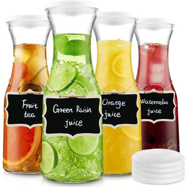 4 Glass Carafes with Lids 1L Beverage Juice Milk Pitcher Set
