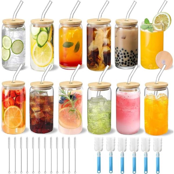 12pc Drinking Glasses Set with Bamboo Lids and Straws, 16 Oz