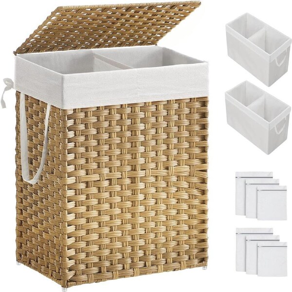 90L Laundry Basket with Lid 2 Compartments Removable Liners