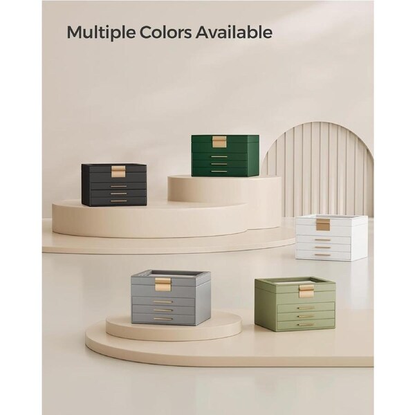 Glass Lid Jewelry Box 4-Layer Organizer 3 Drawers White Gold