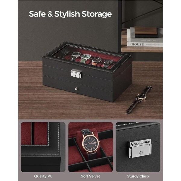 Lockable 12-Slot Watch Box with Glass Lid and Drawer