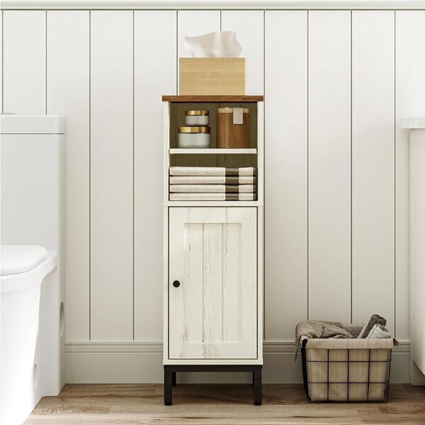 White Brown Bathroom Storage Cabinet with Shelves and Door