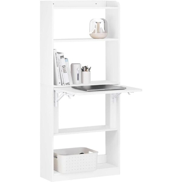 White Wall Folding Desk with 5 Shelves 64x58x145cm