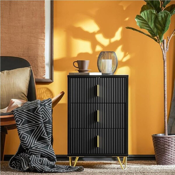 Black Nightstand Bedside Table with 3 Drawers