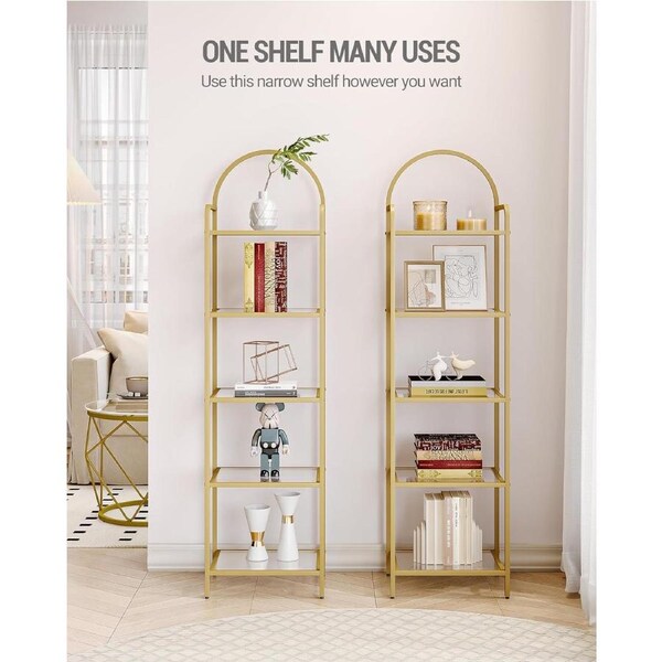 Tempered Glass 6 Tier Bookcase Slim Shelving Unit Gold