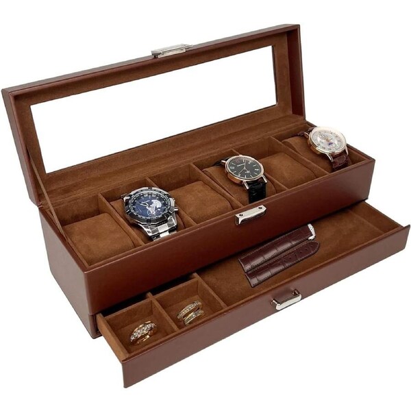 6 Slot Watch Box with Drawer - Organizer for Men and Women
