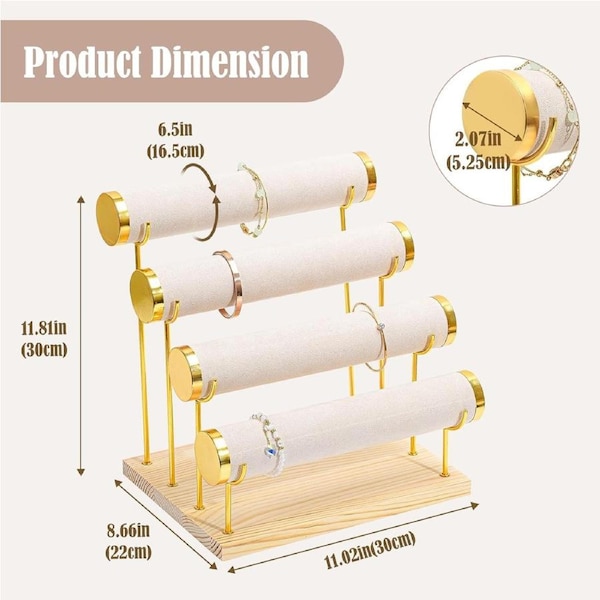 Gold 4-Tier Bracelet Holder Stand with Wooden Base