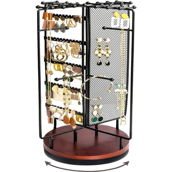 360 Rotating Jewelry Organizer Stand with 28 Hooks Black