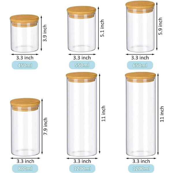 Set of 6 Glass Storage Jars with Airtight Bamboo Lids