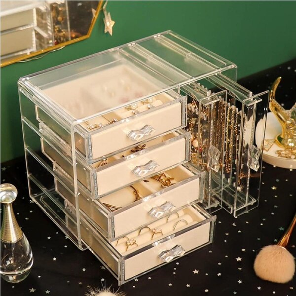 Clear Jewelry Organizer Box with Velvet Drawers for Women