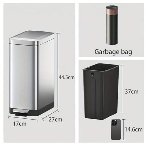 15L Slim Stainless Steel Trash Bin with Soft Close Lid