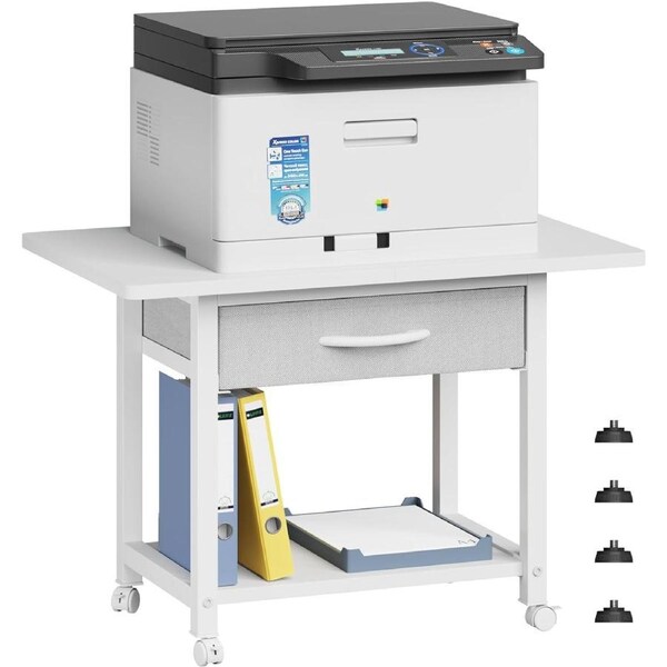 Large 22x15 Printer Stand with Drawer, 2-Tier Under Desk Storage White