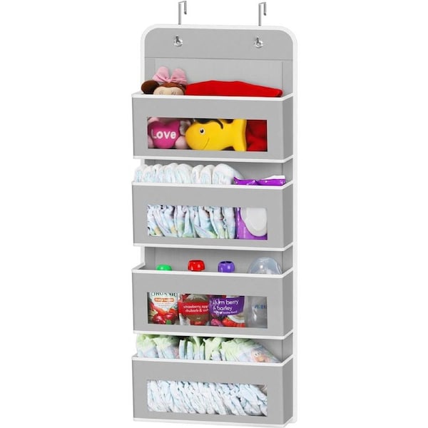 Grey Over-the-Door Storage Organizer with 4 Pockets and Clear Window