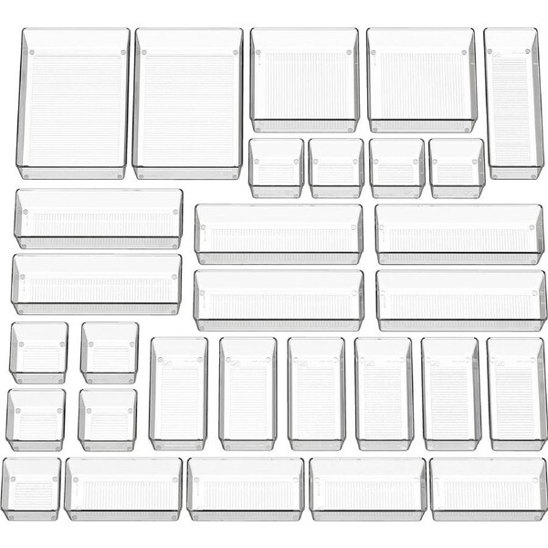 30 PCS Clear Drawer Organizer 5 Sizes for Makeup and Kitchen