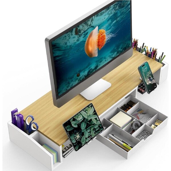 Oak Dual Monitor Stand Riser with Drawer for Desk
