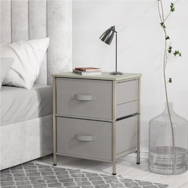Grey Bedside Table with 2 Drawers Nightstand Dresser