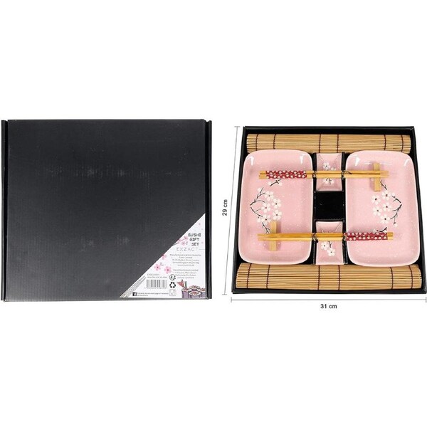 10pc Sushi Plate Set with Dip Bowls Placemats Chopsticks Pink