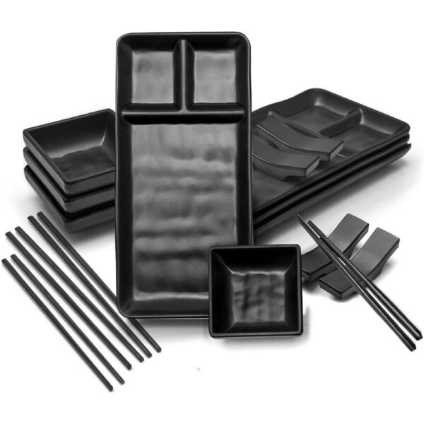 16 Piece Sushi Plate Set for 4 with Chopsticks and Bowls