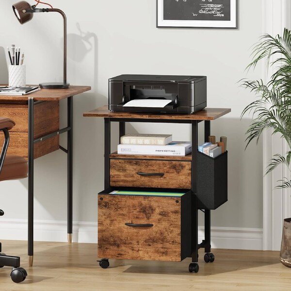 Mobile Rolling File Cabinet with 2 Drawers and Side Bag